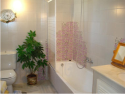 Дом в Испании. Ванная комната с часами и растениями.