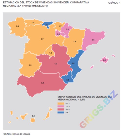 Распределение переизбытка испанской недвижимости по регионам, 2010 год.