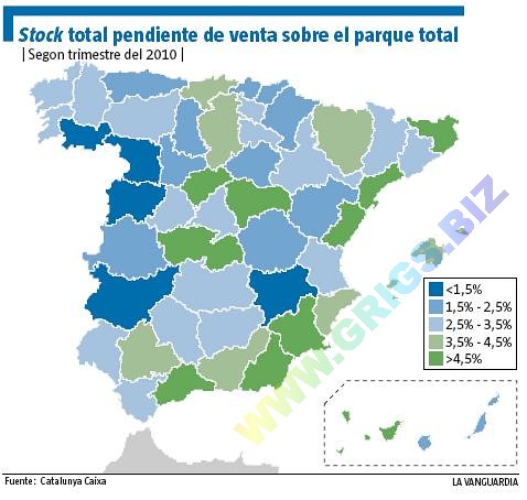 Распределение переизбытка недвижимости по регионам Испании. Апрель 2011 г.