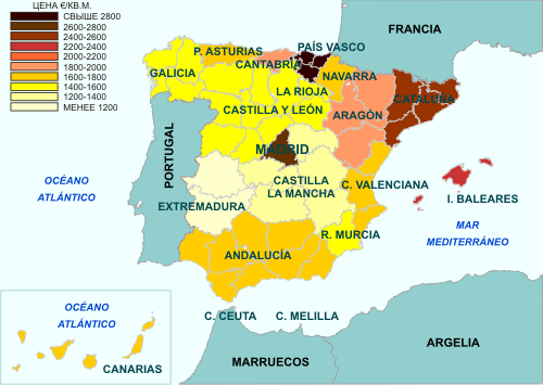 Карта средних цен недвижимости в регионах Испании, январь 2009 г