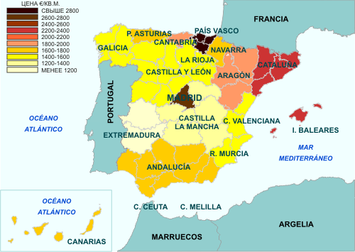 Карта средних цен недвижимости в регионах Испании, апрель 2009 г