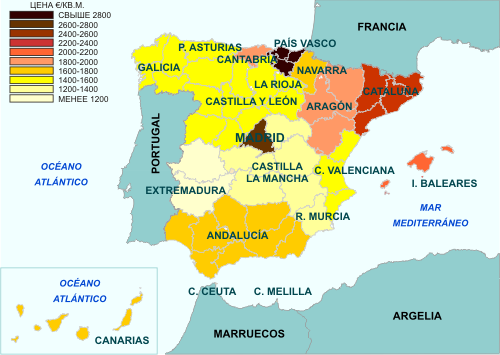 Карта средних цен недвижимости в регионах Испании, октябрь 2009 г
