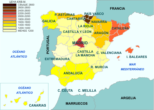 Карта средних цен недвижимости в регионах Испании, июнь 2011 г.